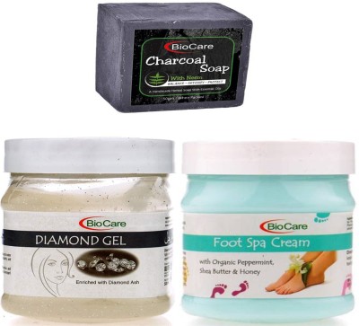 BIOCARE Charcoal Soap 50gm, Diamond Gel 500gm with Foot Spa Cream 500gm(3 Items in the set)