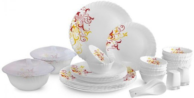 cello Pack of 37 Opalware Dazzle Yellow Scroll 37 Pcs Dinner Set(White, Microwave Safe)