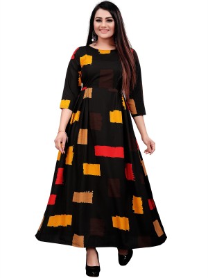 Hiral Creation Women Fit and Flare Yellow, Black, Red Dress