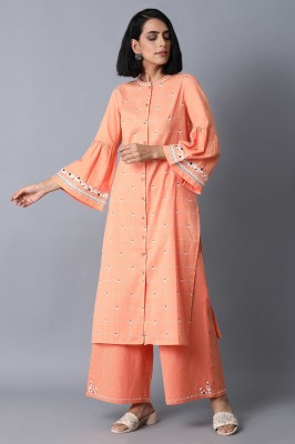 W Women Printed Straight Kurta(Orange)