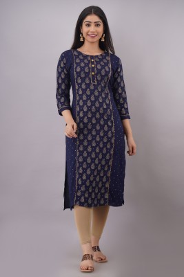 JFT Jaipur Fabtex Women Printed Straight Kurta(Dark Blue, Gold)