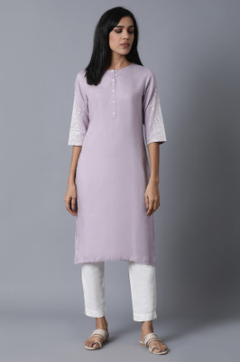 W Women Polka Print Straight Kurta(Light Green)