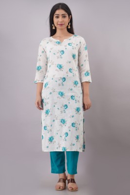 JFT Jaipur Fabtex Women Floral Print Straight Kurta(Light Blue, White)