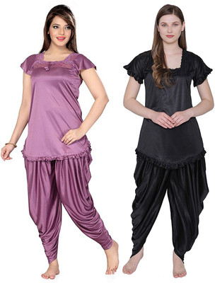 PINK HUB Women Solid Black, Purple Night Suit Set