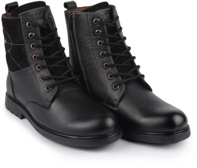 FAUSTO Leather Outdoor Casual Winter Trending High Top Lace Up Biker Boots For Men(Black)