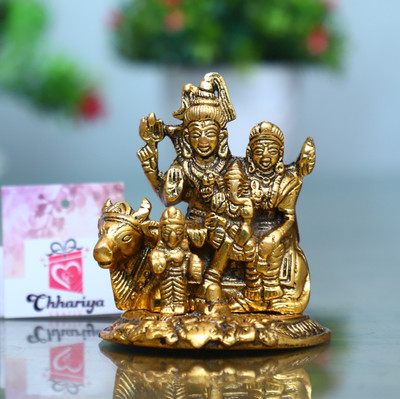 Chhariya Crafts Metal Shiv Parivar / Shiv Parvati With Ganesh And Kartik Decorative Showpiece  -  10 cm(Metal, Gold)