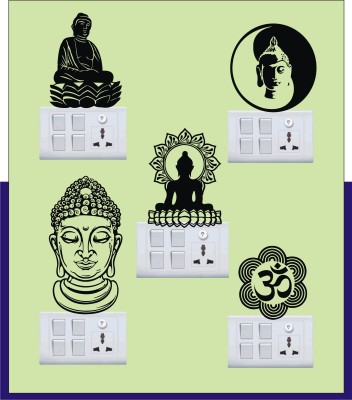 Crown Decals 15 cm Religion Buddha Design Or Om Sign decorative Decal Sticker (self adhesive black colour) Reusable Sticker(Pack of 5)