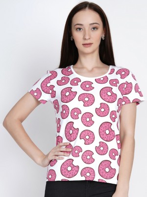 berrytree Printed Women Round Neck White, Pink T-Shirt