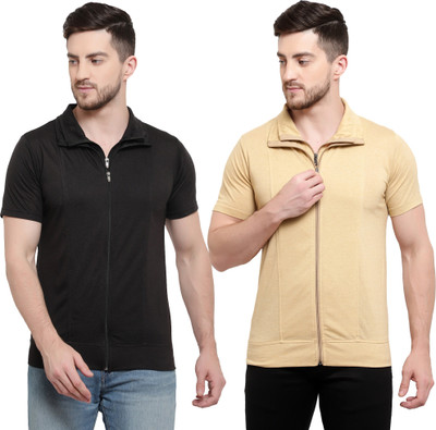 Adorbs Solid Men Polo Neck Black, Beige T-Shirt