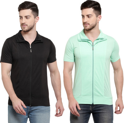 Adorbs Solid Men Polo Neck Black, Light Green T-Shirt