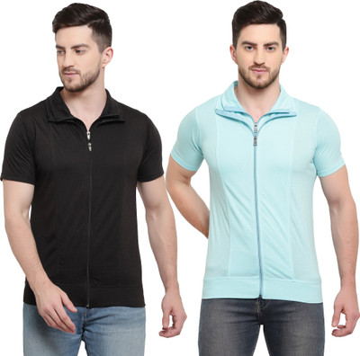 Adorbs Solid Men Polo Neck Light Blue, Black T-Shirt