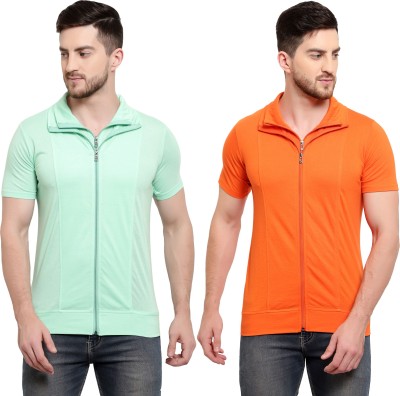 Adorbs Solid Men Polo Neck Orange, Light Green T-Shirt