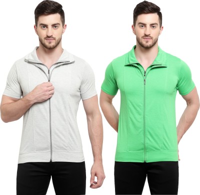 Adorbs Solid Men Polo Neck Grey, Light Green T-Shirt