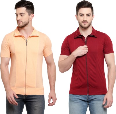 Adorbs Solid Men Polo Neck Maroon, Orange T-Shirt