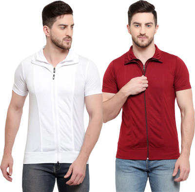 Adorbs Solid Men Polo Neck White, Maroon T-Shirt