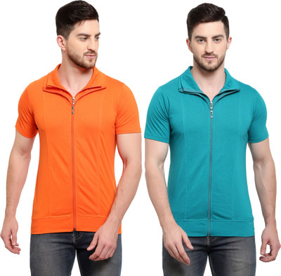 Adorbs Solid Men Polo Neck Blue, Orange T-Shirt