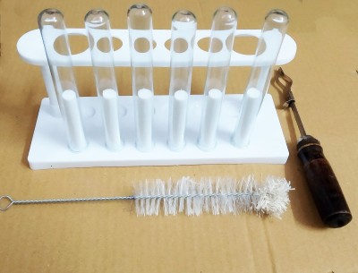 dwij collection test tube stand with six test tubes, 1 brush, 1 test tube clamp Plastic, Borosilicate Glass Test Tube Rack(6 White)