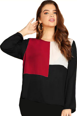 JUNEBERRY Casual Regular Sleeve Color Block Women White, Maroon, Black Top