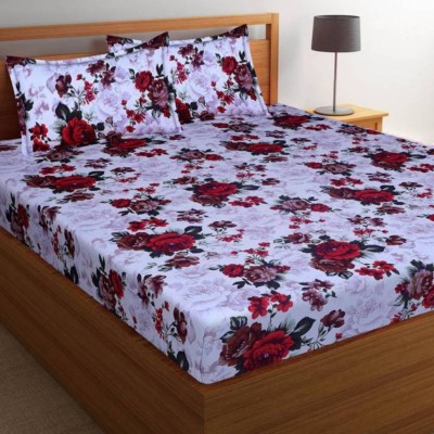 loomhands 160 TC Cotton Double Printed Flat Bedsheet(Pack of 1, RED AND WHITE)