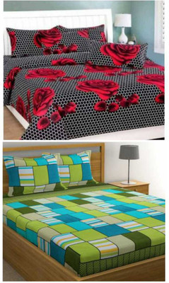 TYLORSTYLE 135 TC Polycotton Double 3D Printed Flat Bedsheet(Pack of 2, Multicolor4)