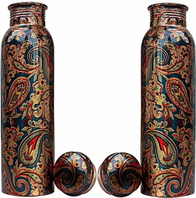 GOLDEN VALLEY Copper Bottles Set of 2 Green Printed Bottle 1 Litre 1000 ml Bottle(Pack of 2, Multicolor, Copper)