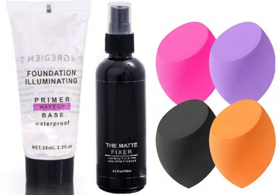 SHEFFO MAKEUP BASE PRIMER WITH MAKEUP FIXER Primer + 4 Pcs Blender Puff(6 Items in the set)