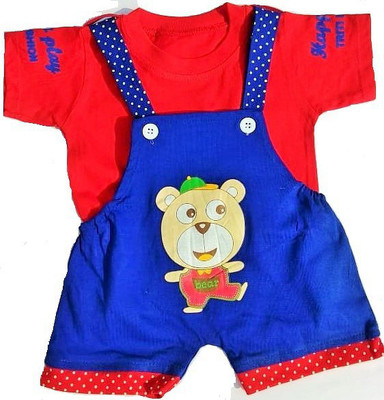 TRITI Dungaree For Baby Boys & Baby Girls Casual Printed Cotton Blend(Red, Pack of 1)