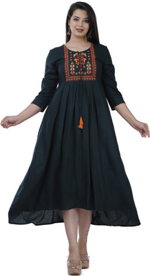 DMP EXPORT Women Embroidered Flared Kurta(Dark Green)