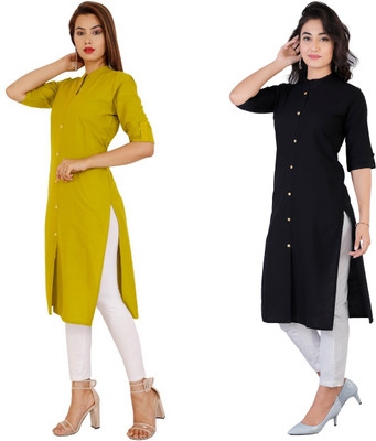 Rimeline Fashion Women Solid Straight Kurta(Black, Green)