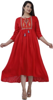 DMP FASHION Women Embroidered Flared Kurta(Red)