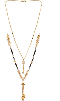brado jewellery Sparkling American Diamond One Gram Gold Plated Leaf Combo of 2 Mangalsutra Necklace Pendant Tanmaniya Nallapusalu Black Bead And Golden Chain For Woman and Girls Brass Mangalsutra