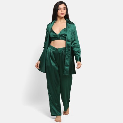 PRETTY LOVING THING Women Solid Dark Green Top & Pyjama Set