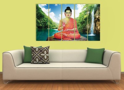 KALARKARI Lord Gautam buddha 5 panel canvas art with MDF stretch frame Oil 24 inch x 40 inch Painting(With Frame, Pack of 5)