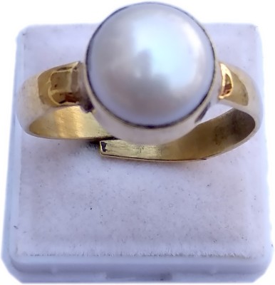 PRIYANSHU NAVRATN Lab Certified Fresh Water Culcher Pearl Moti 5.25-6.50 Ratti * White Round Panchdhatu Adjustable Free Size Ring for Men and Women Brass Pearl Gold Plated Ring