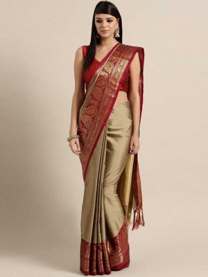 SHARIRI Woven Bollywood Cotton Silk Saree(Beige)
