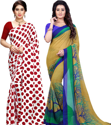 ANAND Polka Print, Floral Print Daily Wear Georgette Saree(Pack of 2, White, Beige)
