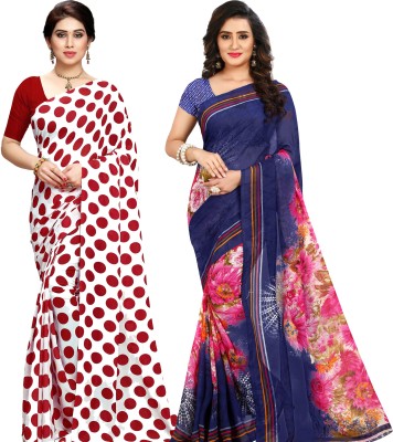 Anand Polka Print, Floral Print Daily Wear Georgette Saree(Pack of 2, Dark Blue, White)