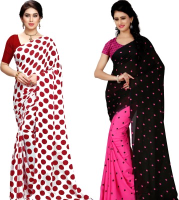 Anand Printed, Graphic Print, Polka Print, Floral Print Daily Wear Georgette Saree(Pack of 2, White, Black)