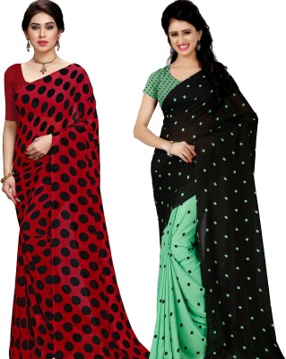 Anand Printed, Graphic Print, Polka Print, Floral Print Daily Wear Georgette Saree(Pack of 2, Green, Black)