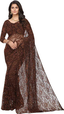 Dhami Self Design Bollywood Net Saree(Brown)
