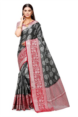 COSBILA FASHION Checkered Banarasi Jacquard, Cotton Silk Saree(Silver, Black)