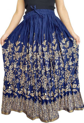 KRSALA Printed Women Flared Dark Blue Skirt