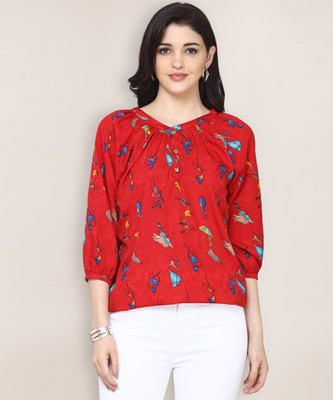 Oomph! Casual 3/4 Sleeve Printed Women Red Top