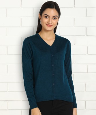 Anmi Solid V Neck Casual Women Blue Sweater