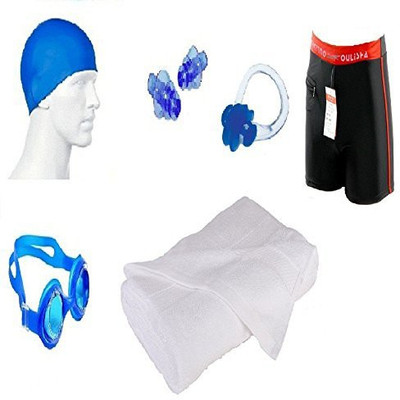 

Kyachaiyea Swimming Kit (Silicon Cap, Silicon Ear Plug, Swimming Nose Clip, Swimming Goggles With 100% Pure Cotton Towel Normal Size , Authentic Men Adult Swim Trunks Boxer Nylon) Swimming Kit