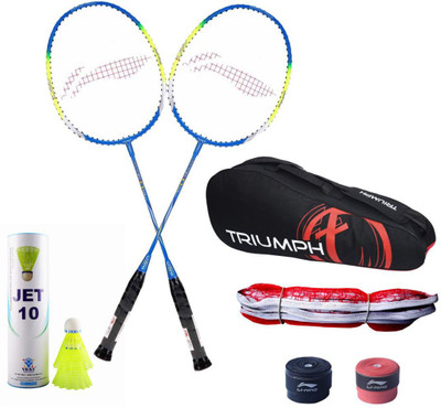 

Li-Ning 2 B/R Q50 + 2 GP-20 Overgrip + 6 Pcs Jet10 Nylon Shuttle + SN-103B Badminton Net + Triumph 302 Assorted Badminton Bag Badminton Kit