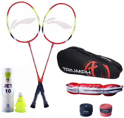 

Li-Ning 2 B/R Q30 + 2 GP-20 Overgrip + 6 Pcs Jet10 Nylon Shuttle + SN-103B Badminton Net + Triumph 302 Assorted Badminton Bag Badminton Kit