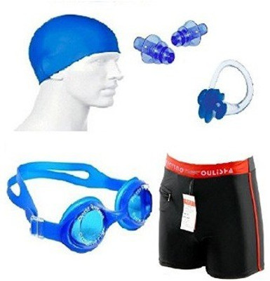 

Kyachaiyea Swimming Kit (Silicon Cap, Silicon Ear Plug, Swimming Nose Clip, Swimming Goggles With Authentic Men Adult Swim Trunks Boxer Nylon Swimming Kit
