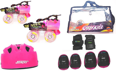 

Jaspo CRAZY KID PINK junior Skates Combo (skates+helmet+knee+elbow+wrist+bag)suitable for age upto 5 years Skating Kit