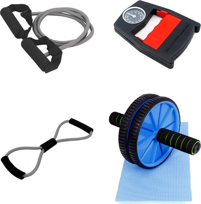 

Mor Sporting Combo of Grey Single Toning Tube, 8 shapped Yoga latex tube, hand Power Grip Dyanometer and Ab wheel Max Gym & Fitness Kit
